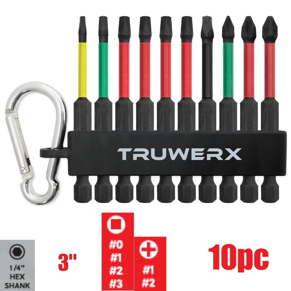 Truwerx 51002 10pc 3 inch Impact Driver Bit Set with Carabiner