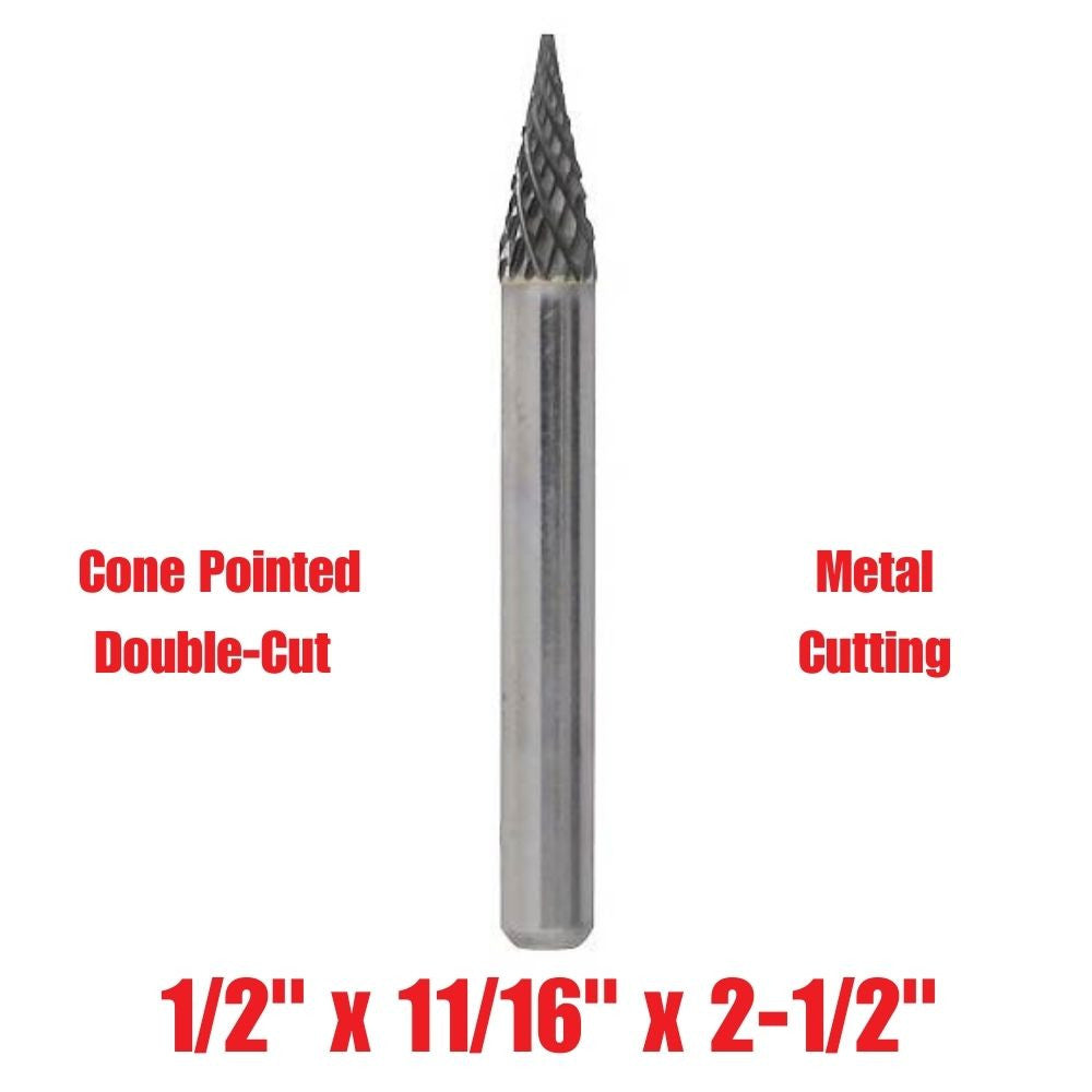 Truwerx 53526 1/2-inch x 11/16-inch x 2-1/2-inch Cone Pointed Double-Cut Metal Cutting Carbide Rotary Burr