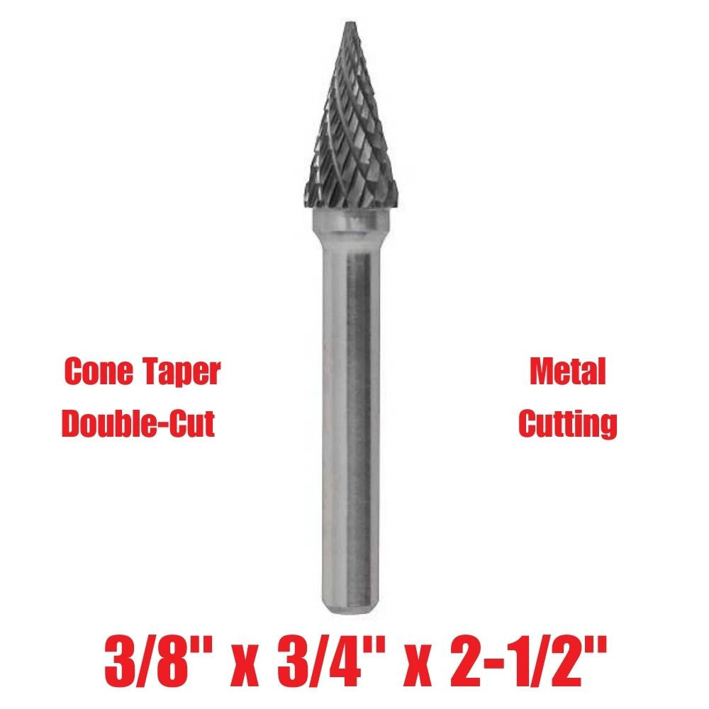 Truwerx 53527 3/8-inch x 3/4-inch x 2-1/2-inch Cone Taper Double-Cut Metal Cutting Carbide Rotary Burr
