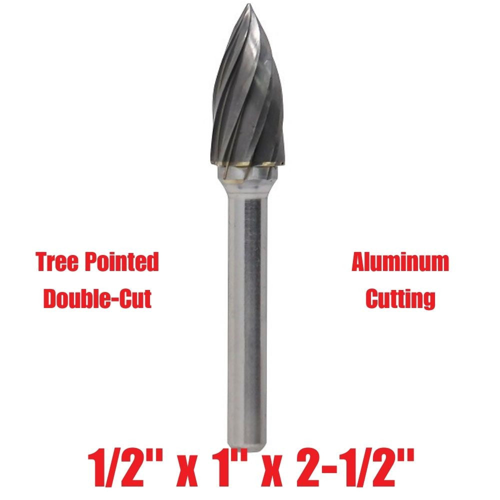 Truwerx 53568 1/2-inch x 1-inch x 2-1/2-inch Tree Pointed Double-Cut Aluminum Cutting Carbide Rotary Burr