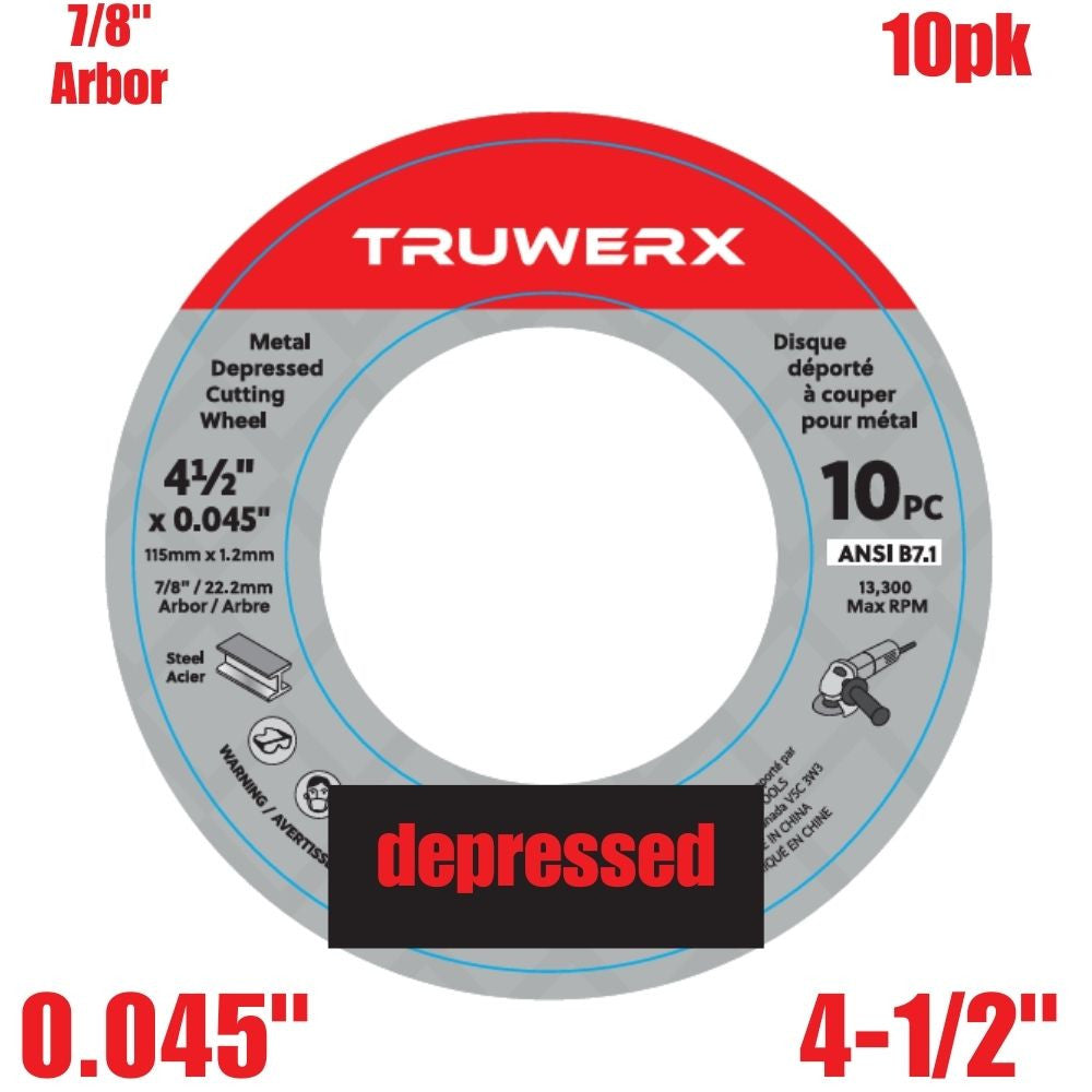 Truwerx 54406 4-1/2-inch x 0.045-inch x 7/8-inch Depressed Cut-Off Wheels for Metal Cutting - 10pk