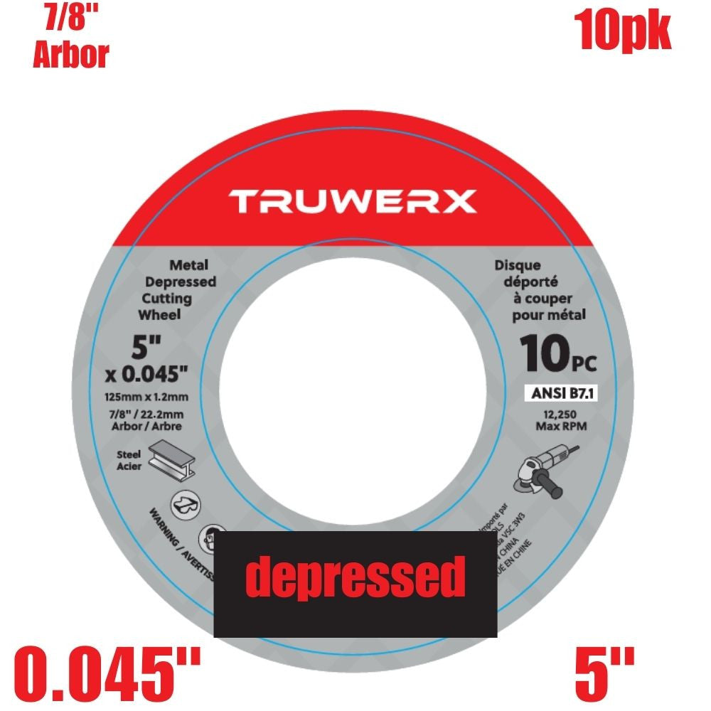 Truwerx 54408 5-inch x 0.045-inch x 7/8-inch Depressed Cut-Off Wheels for Metal Cutting - 10pk