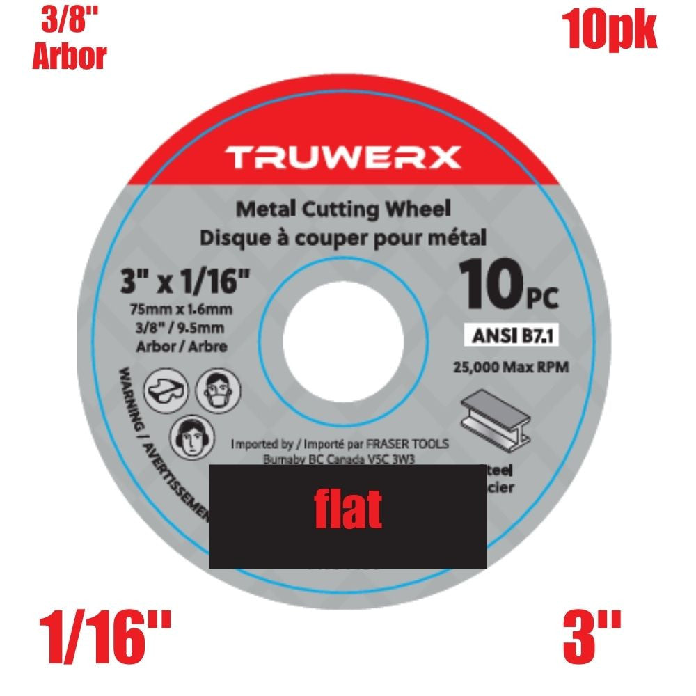 Truwerx 54450 3-inch x 1/16-inch x 3/8-inch Flat Cut-Off Wheels for Metal Cutting - 10pk