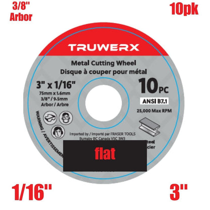 Truwerx 54450 3-inch x 1/16-inch x 3/8-inch Flat Cut-Off Wheels for Metal Cutting - 10pk