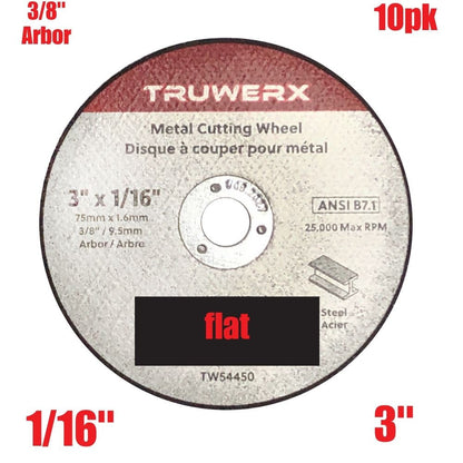 Truwerx 54450 3-inch x 1/16-inch x 3/8-inch Flat Cut-Off Wheels for Metal Cutting - 10pk