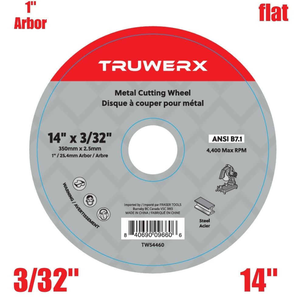 Truwerx 54460 14-inch x 3/32-inch x 1-inch Flat Cut-Off Wheel for Metal Cutting