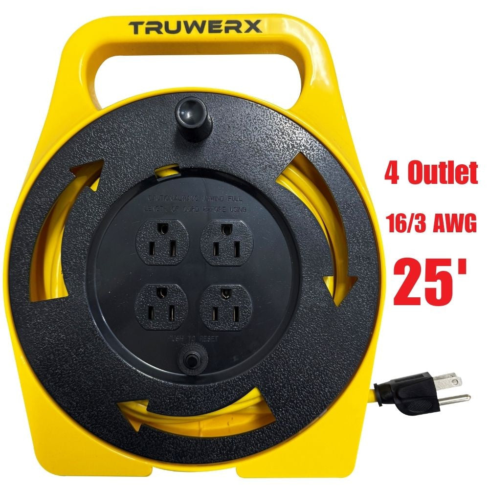 Truwerx 80190 25ft. 16/3 Gauge 4 Outlet Hand Wind Cord Reel