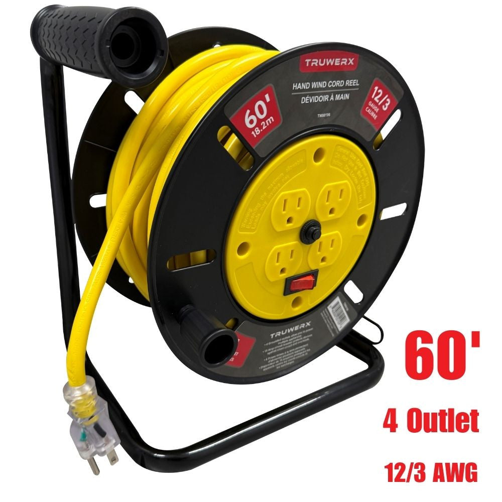 Truwerx 80196 60 ft. 12/3 Gauge 4 Outlet Hand Wind Cord Reel