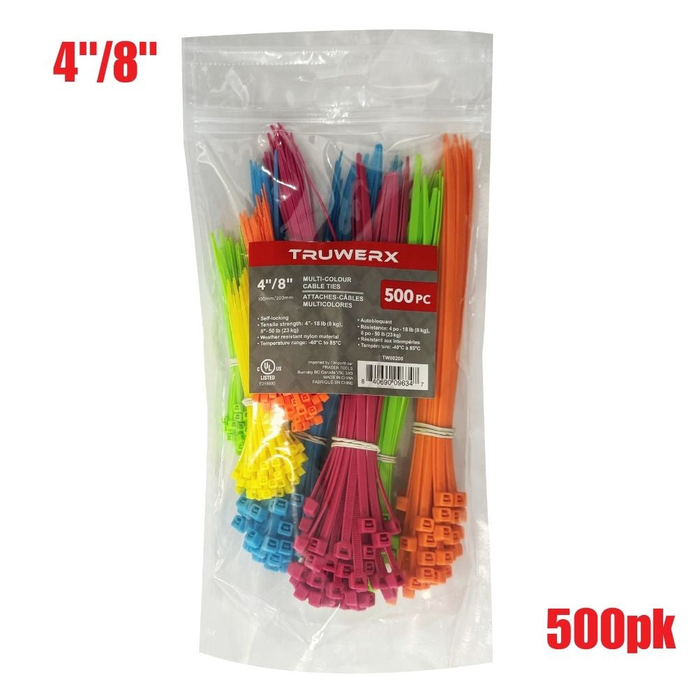 Truwerx 80200 4 Inch / 8 Inch Multi-Color Cable Ties - 500pk