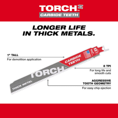 Milwaukee 48-00-5202 SAWZALL THE TORCH 9 inch 7 TPI Reciprocating Saw Metal Cutting Blade with Carbide Teeth