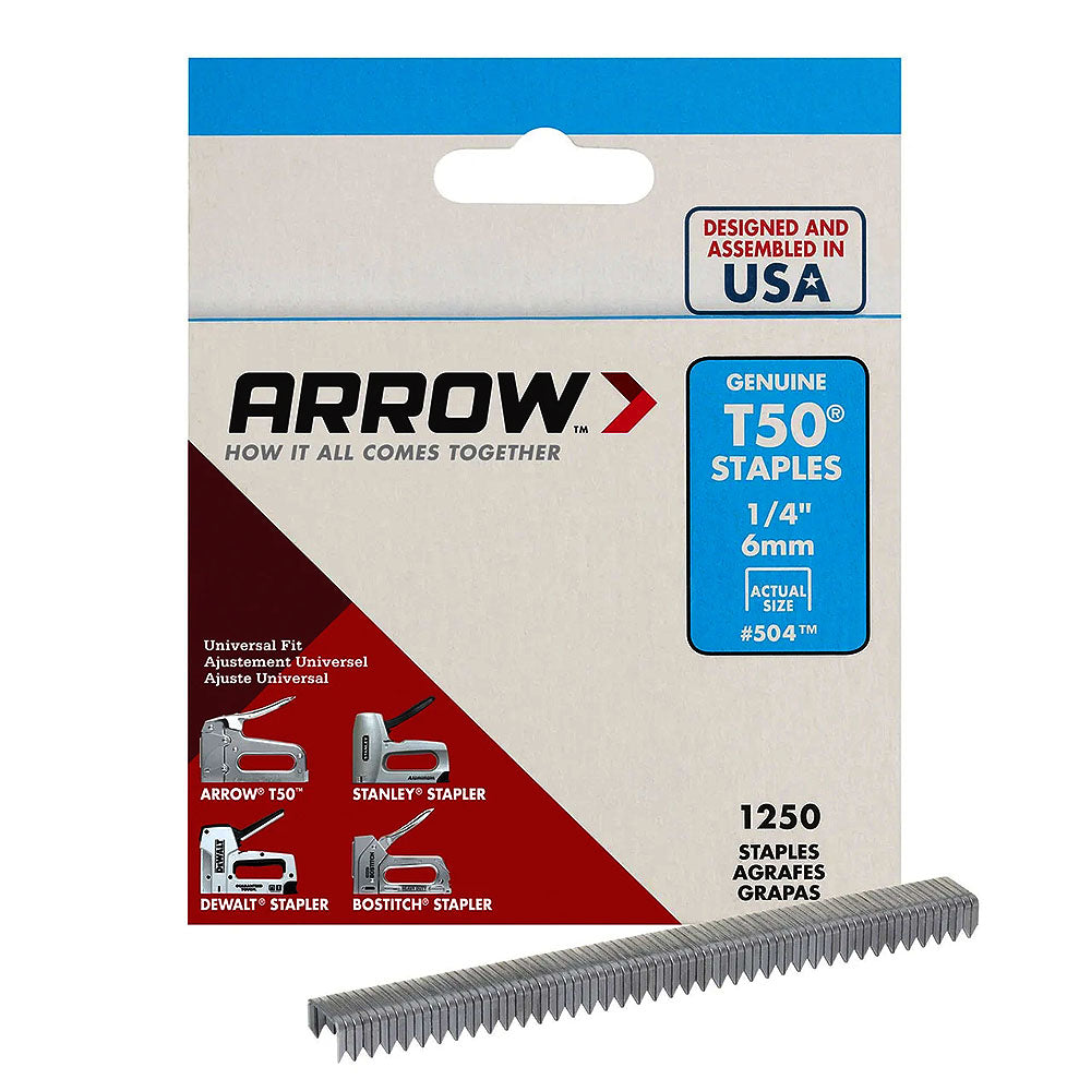 Arrow Fastener 504 Genuine T50 1/4in Staples - 1,250pk