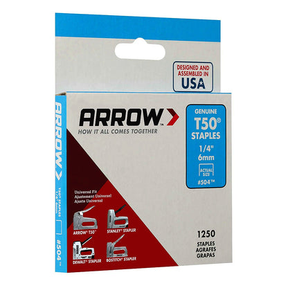 Arrow Fastener 504 Genuine T50 1/4in Staples - 1,250pk