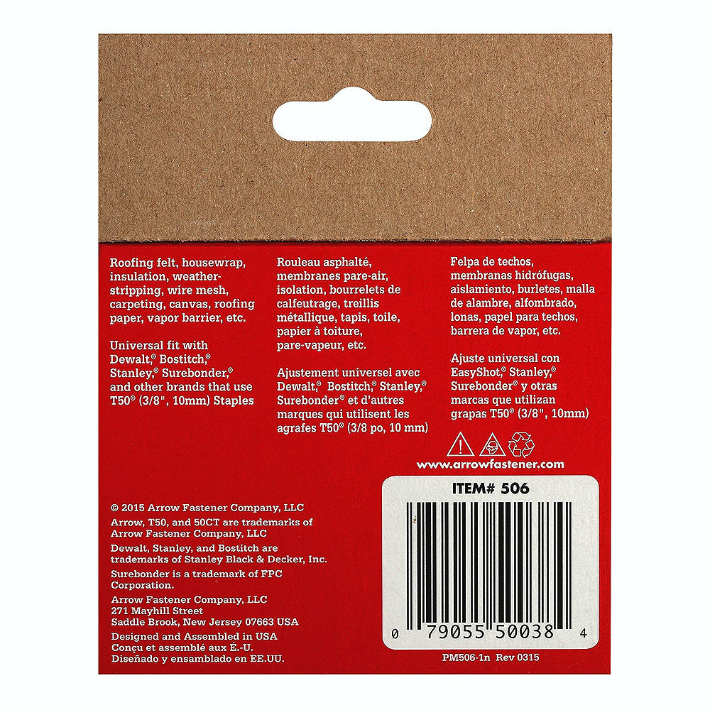 Arrow Fastener 506 Genuine T50 3/8in Staples - 1,250pk