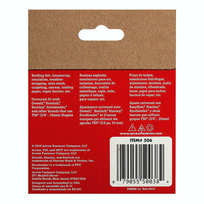 Arrow Fastener 506 Genuine T50 3/8in Staples - 1,250pk