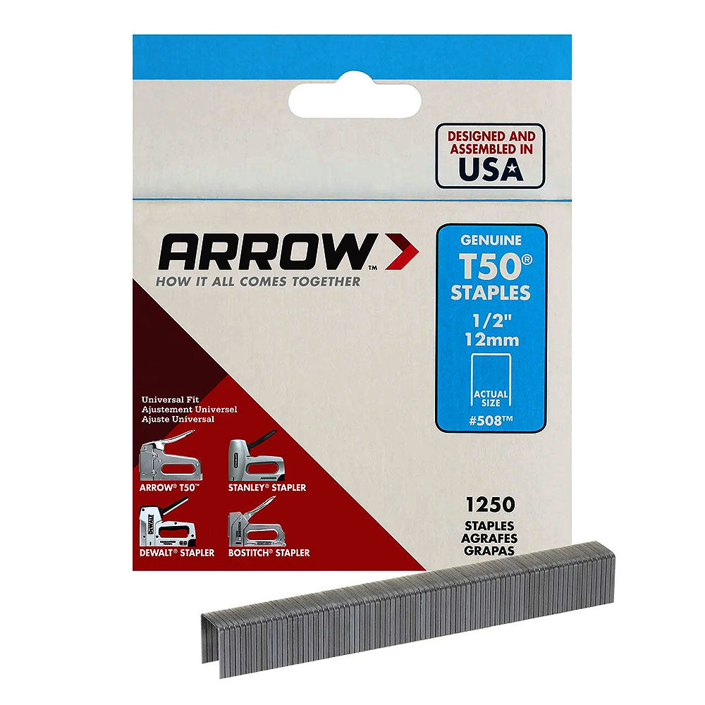Arrow Fastener 508 Genuine T50 1/2in Staples - 1,250pk