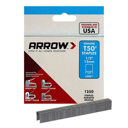 Arrow Fastener 508 Genuine T50 1/2in Staples - 1,250pk