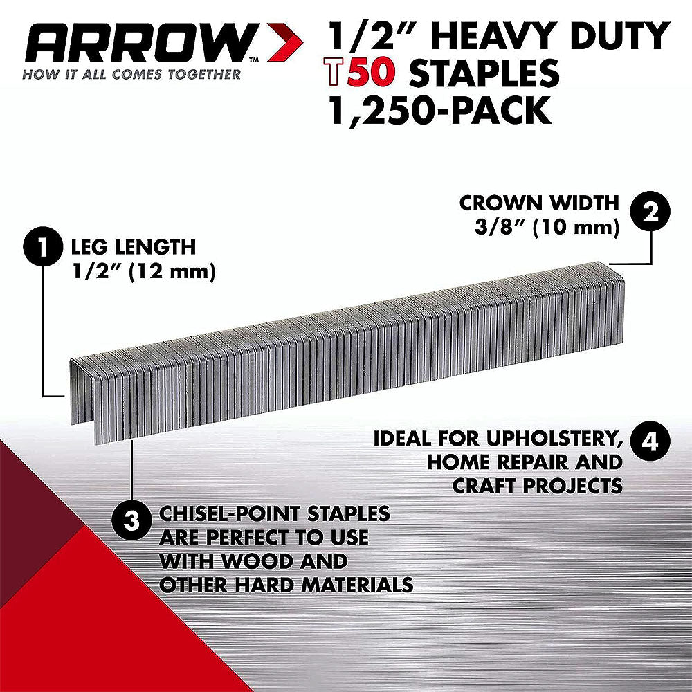 Arrow Fastener 508 Genuine T50 1/2in Staples - 1,250pk