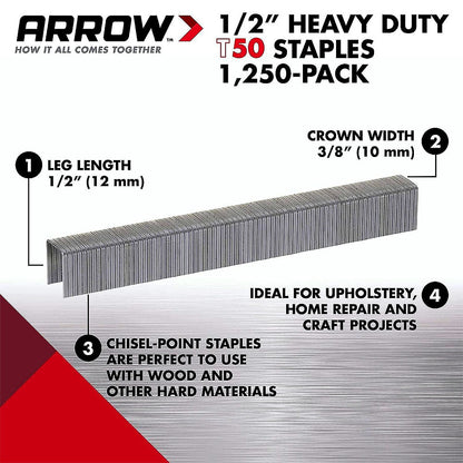 Arrow Fastener 508 Genuine T50 1/2in Staples - 1,250pk