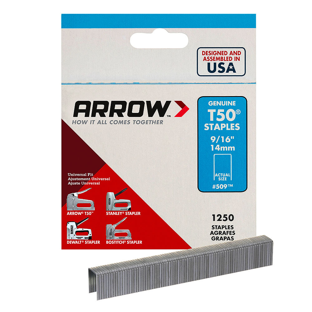 Arrow Fastener 509 Genuine T50 9/16in Staples - 1,250pk