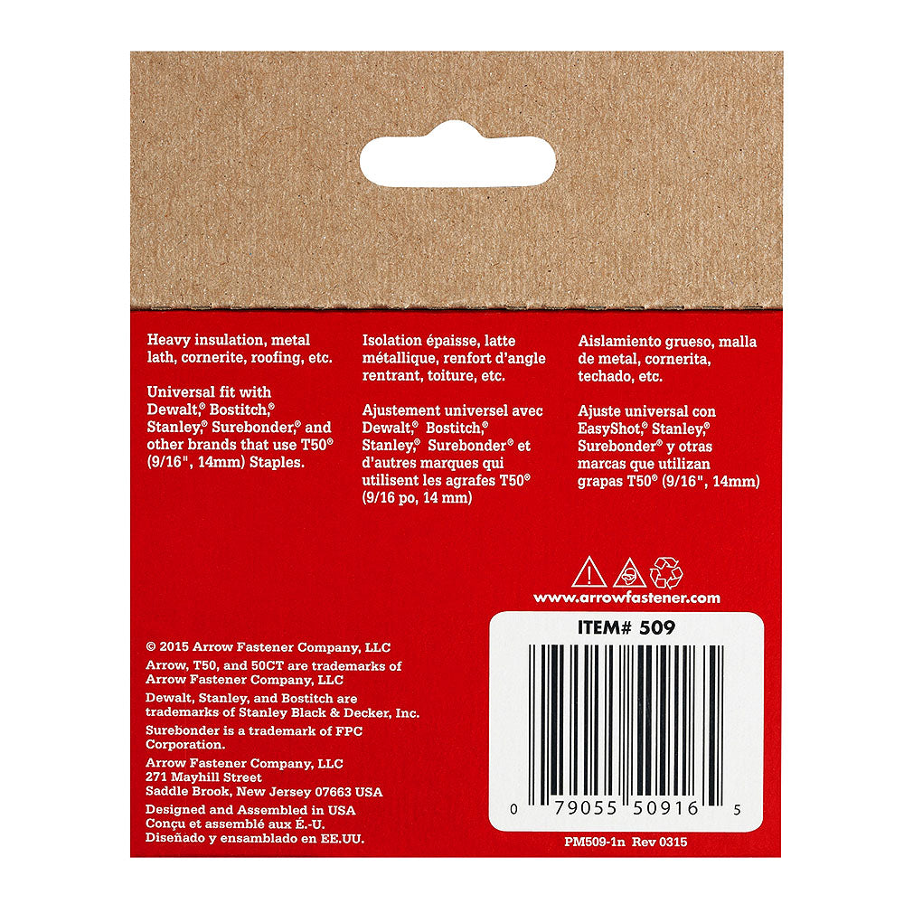Arrow Fastener 509 Genuine T50 9/16in Staples - 1,250pk