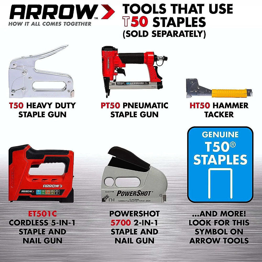 Arrow Fastener 509 Genuine T50 9/16in Staples - 1,250pk