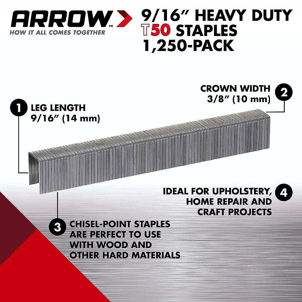 Arrow Fastener 509 Genuine T50 9/16in Staples - 1,250pk