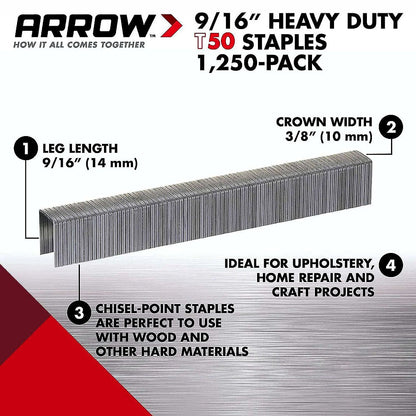 Arrow Fastener 509 Genuine T50 9/16in Staples - 1,250pk