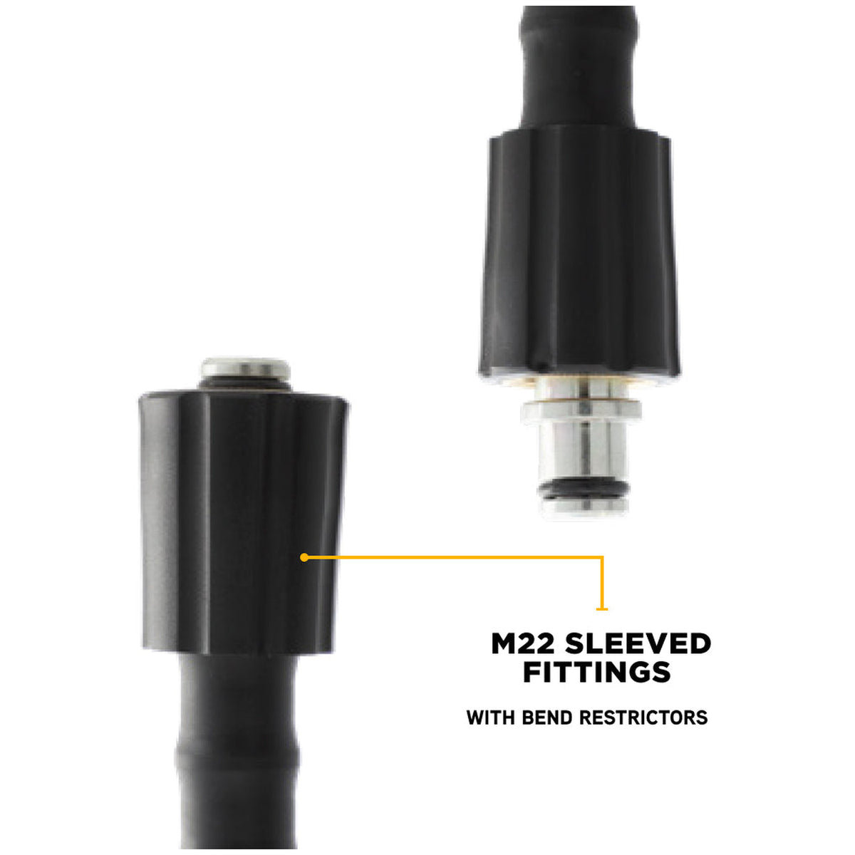 BE pressure washer hose M22 sleeved fitting detail with bend restrictors