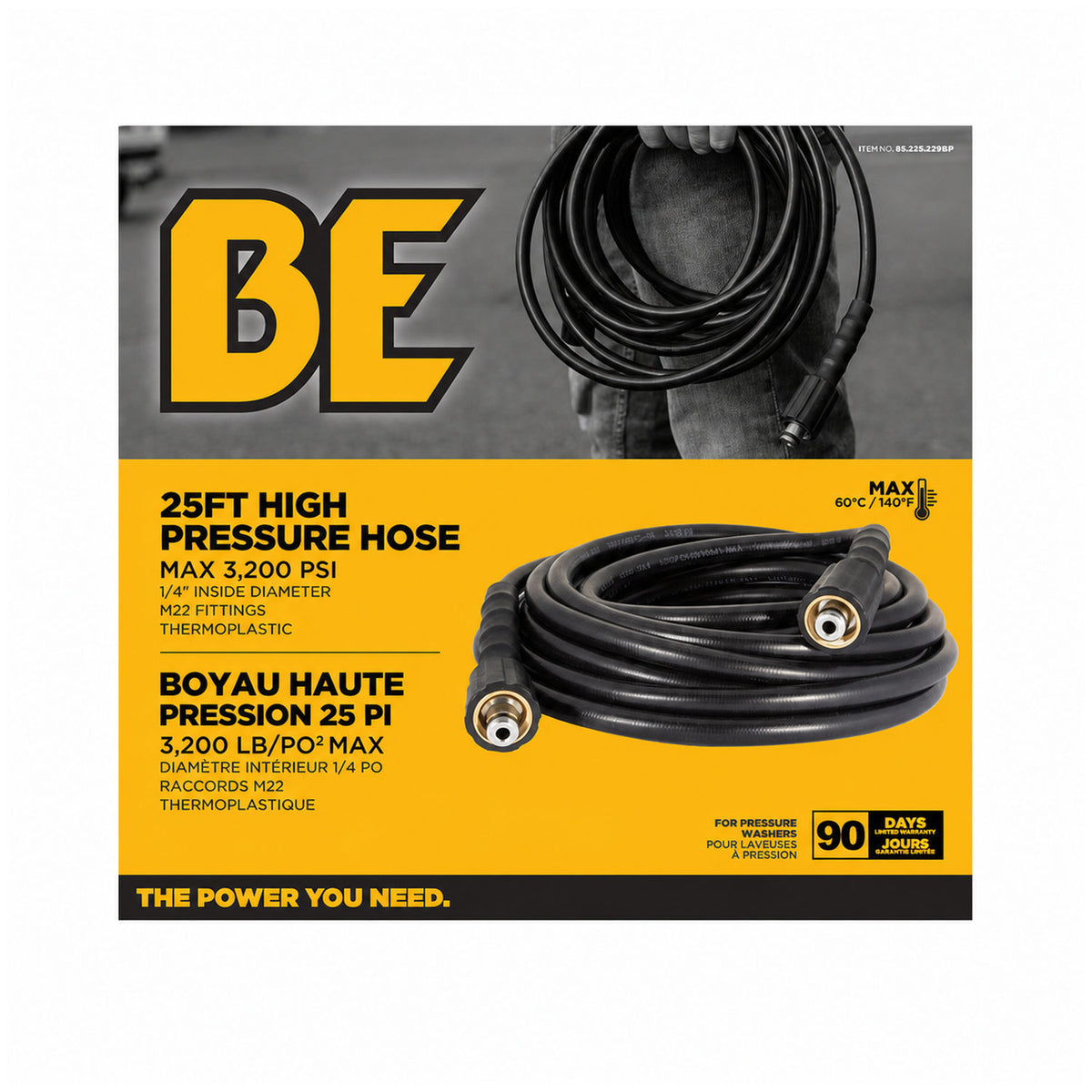 BE 25-foot pressure washer hose retail packaging