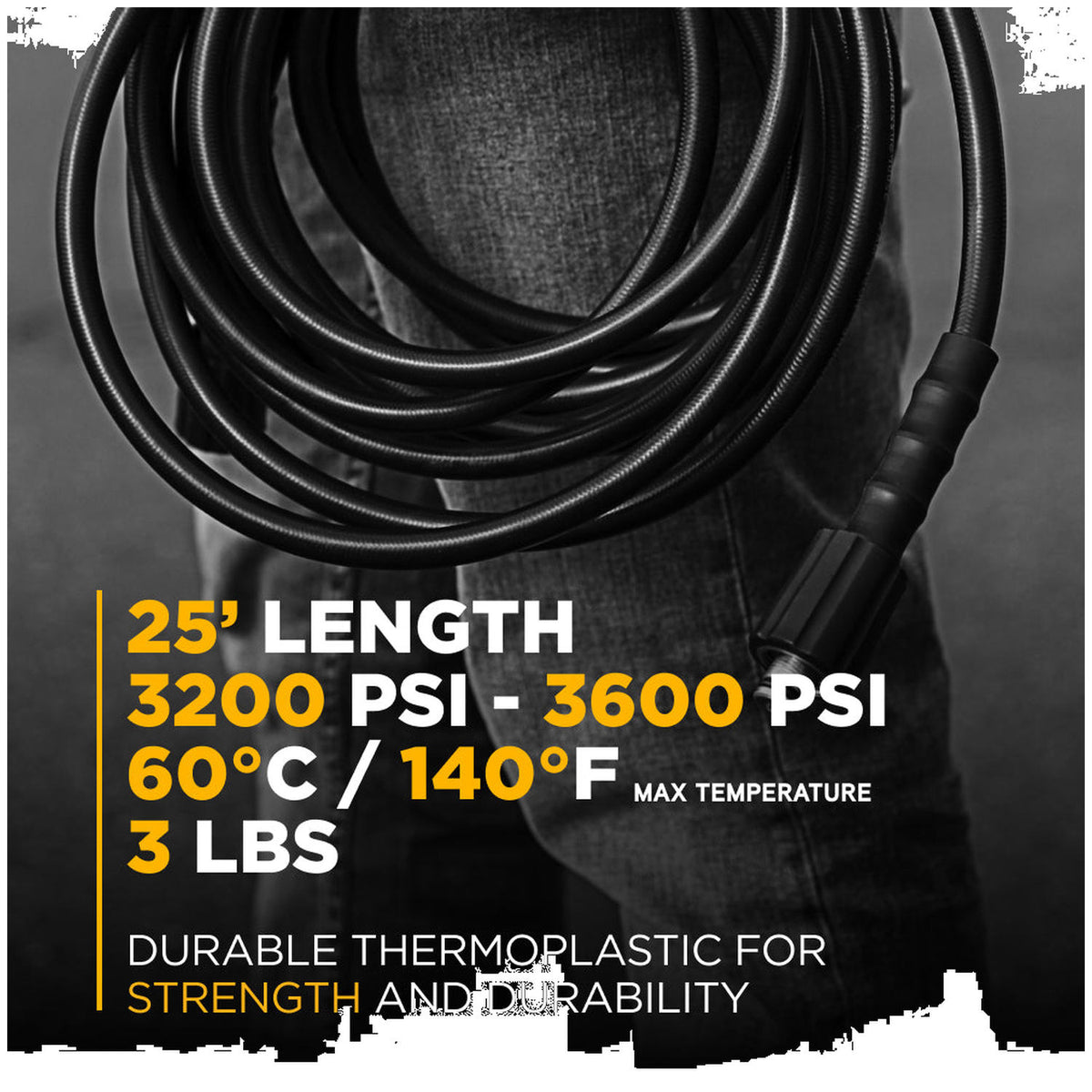 BE 25-foot pressure washer hose specifications including 3200 PSI and 140 Fahrenheit