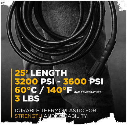 BE 25-foot pressure washer hose specifications including 3200 PSI and 140 Fahrenheit