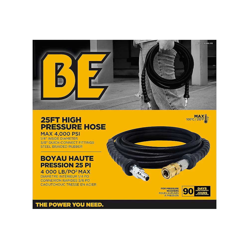 BE 25' x 1/4in 4000 PSI Steel Braid Pressure Washer Hose with Quick Connect Fittings