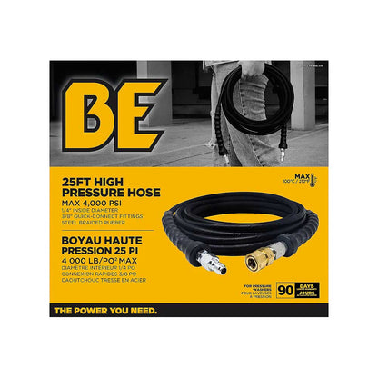 BE 25' x 1/4in 4000 PSI Steel Braid Pressure Washer Hose with Quick Connect Fittings