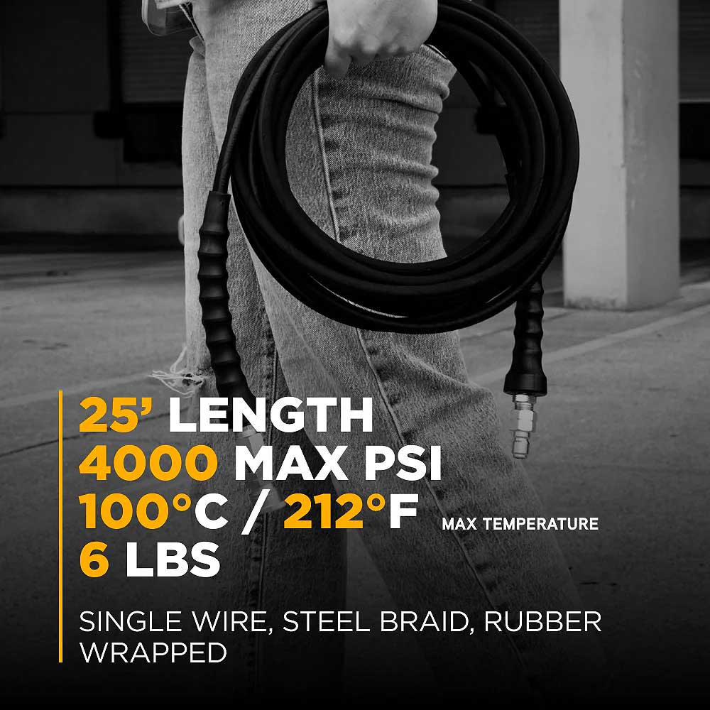 BE 25' x 1/4in 4000 PSI Steel Braid Pressure Washer Hose with Quick Connect Fittings
