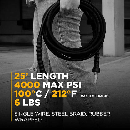 BE 25' x 1/4in 4000 PSI Steel Braid Pressure Washer Hose with Quick Connect Fittings