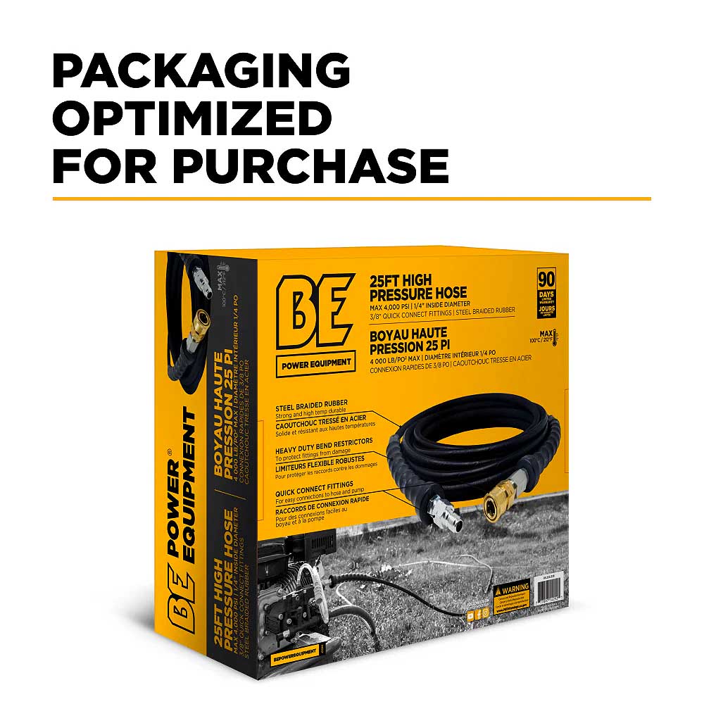 BE 25' x 1/4in 4000 PSI Steel Braid Pressure Washer Hose with Quick Connect Fittings