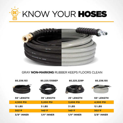 BE 50' x 3/8in 4500 PSI Pressure Washer Quick-Connect Rubber Hose