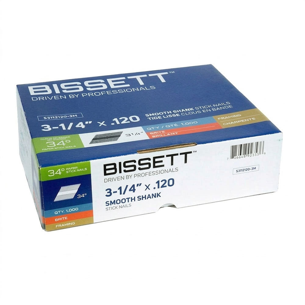 Bissett 3-1/4in x 0.120 34° Smooth Shank Stick Nails - 1000pk