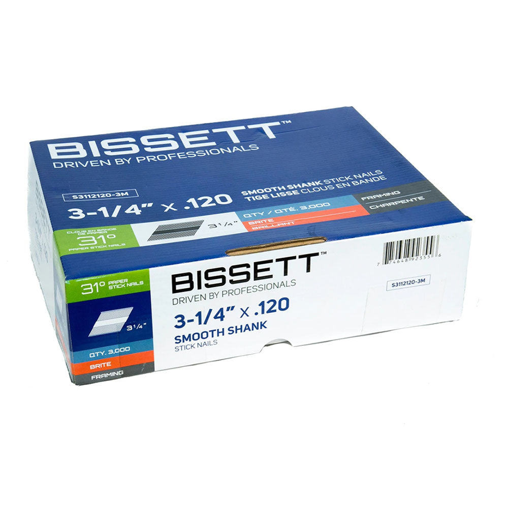 Bissett 3-1/4in x .120 31° Stick Nails Paper Tape - 3000pk