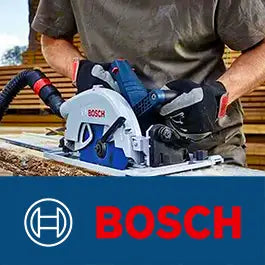 A person wearing gloves and a work shirt uses a Bosch circular saw to cut wood. The image includes a large blue banner at the bottom with the Bosch logo and brand name in red