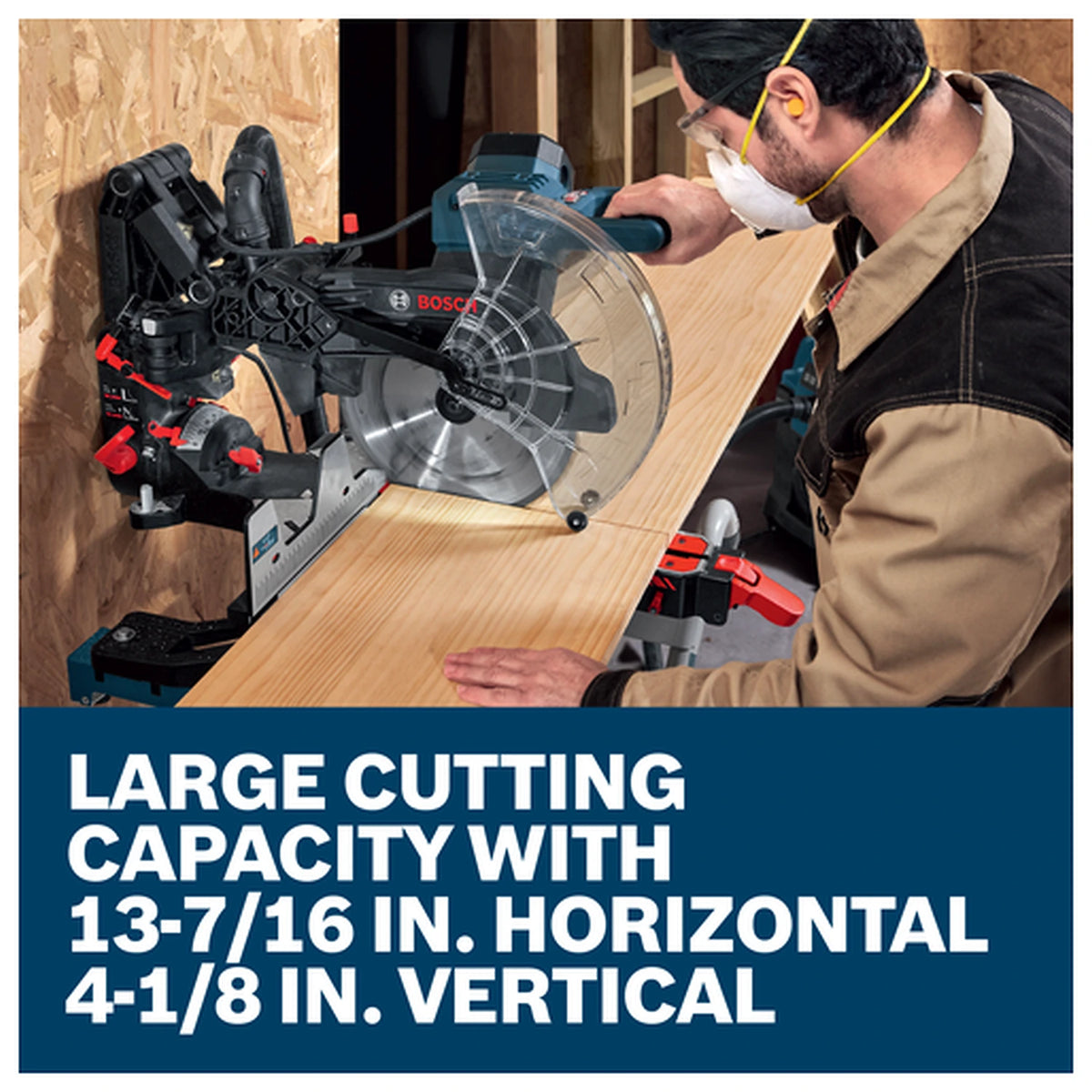 Bosch EXCM341-305GD EXPERT 12in Dual-Bevel Glide Mitre Saw – large 13-7/16-inch horizontal and 4-1/8-inch vertical cutting-capacity graphic