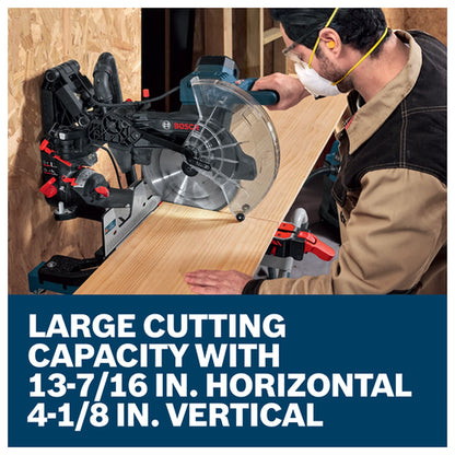 Bosch EXCM341-305GD EXPERT 12in Dual-Bevel Glide Mitre Saw – large 13-7/16-inch horizontal and 4-1/8-inch vertical cutting-capacity graphic