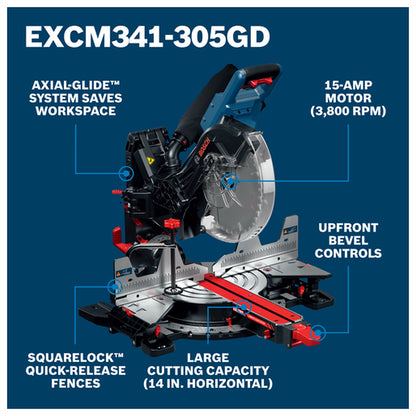 Bosch EXCM341-305GD EXPERT 12in Dual-Bevel Glide Mitre Saw – Axial-Glide, upfront bevel controls, SquareLock fences and motor feature overview