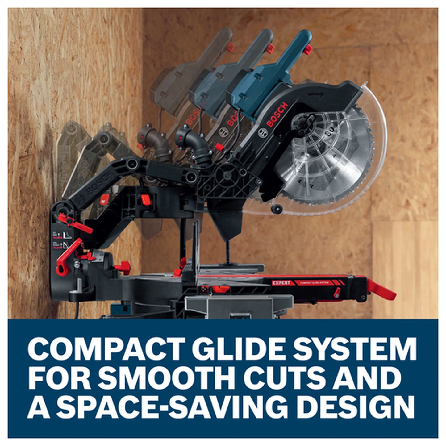 Bosch EXCM341-305GD EXPERT 12in Dual-Bevel Glide Mitre Saw – Compact Glide System and rear-clearance detail