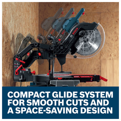 Bosch EXCM341-305GD EXPERT 12in Dual-Bevel Glide Mitre Saw – Compact Glide System and rear-clearance detail