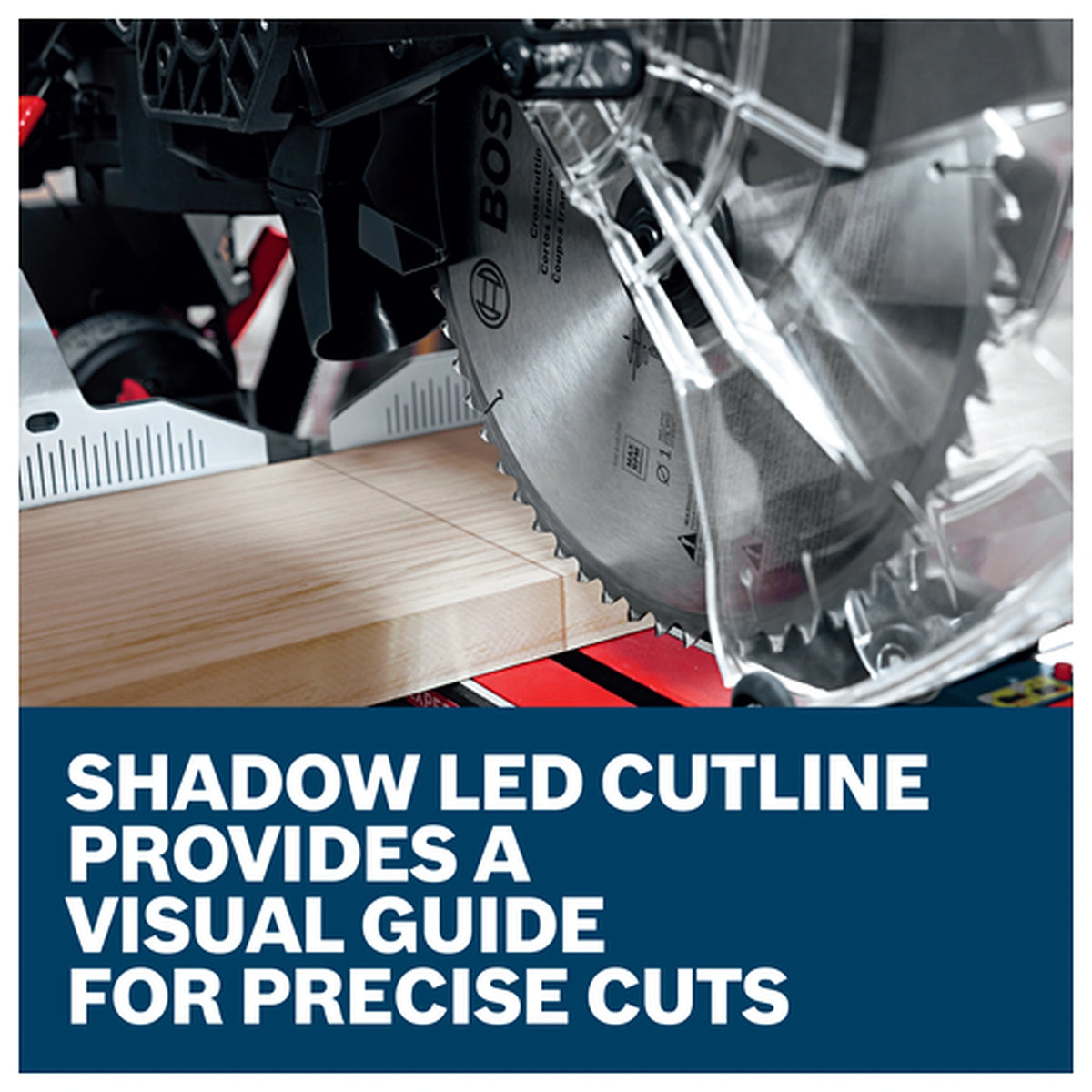 Bosch EXCM341-305GD EXPERT 12in Dual-Bevel Glide Mitre Saw – Shadow LED Cutline visual-guide feature graphic