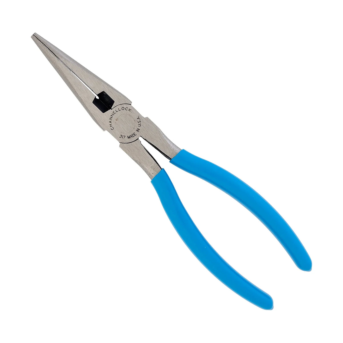 Channellock CA317 8-inch long nose pliers with side cutter on a white background