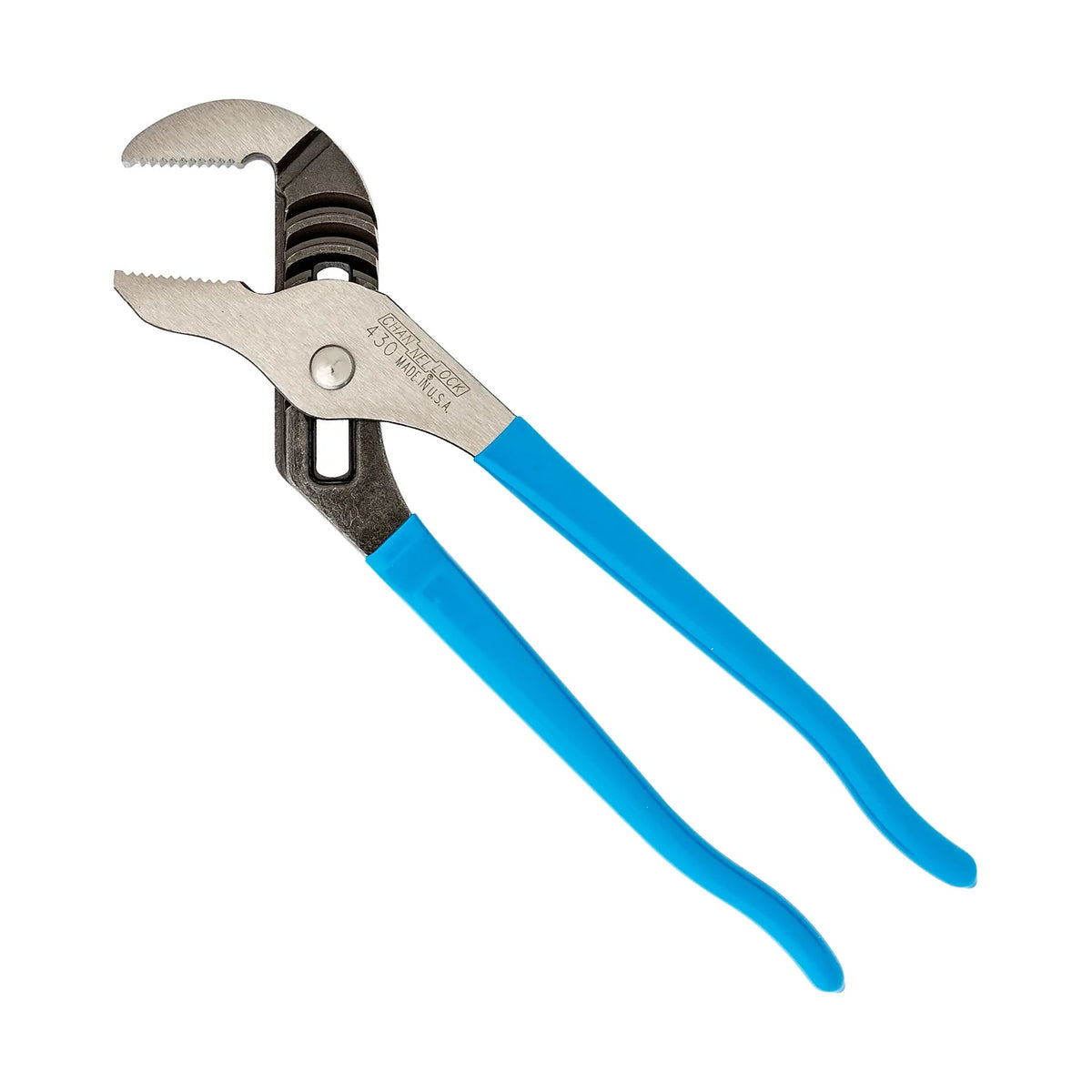 Channellock CA430 10-inch straight jaw tongue and groove pliers on a white background