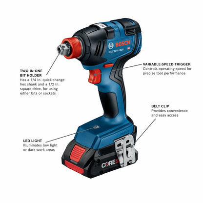 Bosch GXL18V-233B25 - GDX18V-1800 18V EC Brushless Freak 1/4 inch and 1/2 inch Two-In-One Bit/Socket Impact Driver