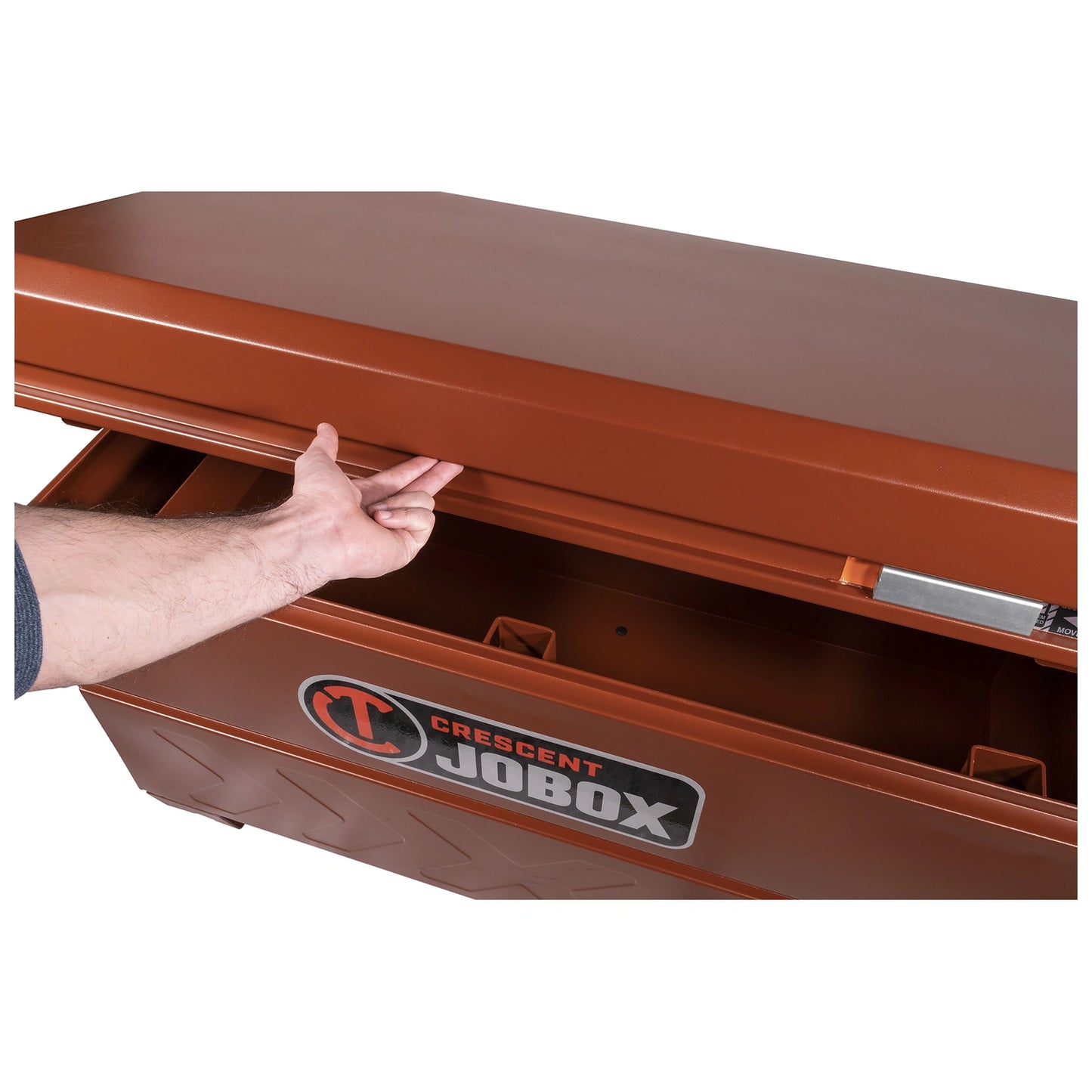 Crescent JOBOX 48in x 30in Site-Vault High-Capacity Chest – reflective orange lock indicator detail